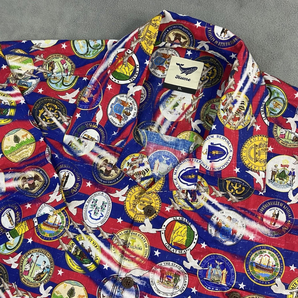 Yiume Shirt Mens‎ XL USA State Seals Hawaiian Patriotic Casual Summer July 4th